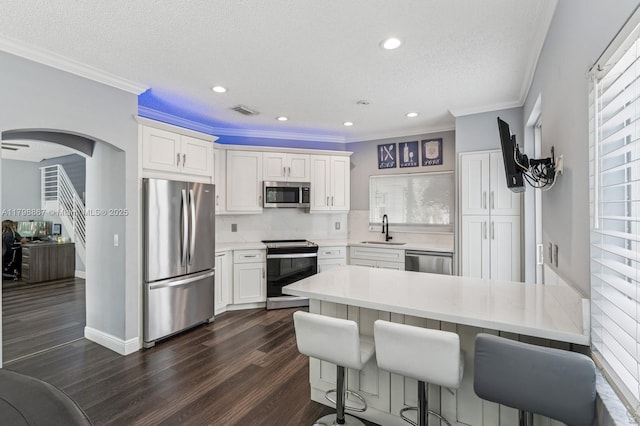 20701 NW 3rd Ct, Pembroke Pines, FL 33029 - kitchen with stainless steel appliances, a sink, dark wood-style flooring, tasteful backsplash, and a peninsula