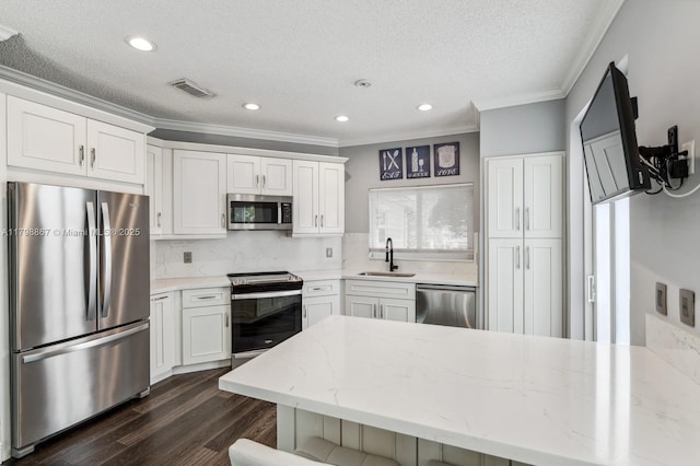 20701 NW 3rd Ct, Pembroke Pines, FL 33029 - kitchen featuring stainless steel appliances, ornamental molding, a sink, dark wood finished floors, and tasteful backsplash