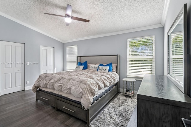 20701 NW 3rd Ct, Pembroke Pines, FL 33029 - bedroom featuring a textured ceiling, ornamental molding, lofted ceiling, wood finished floors, and baseboards