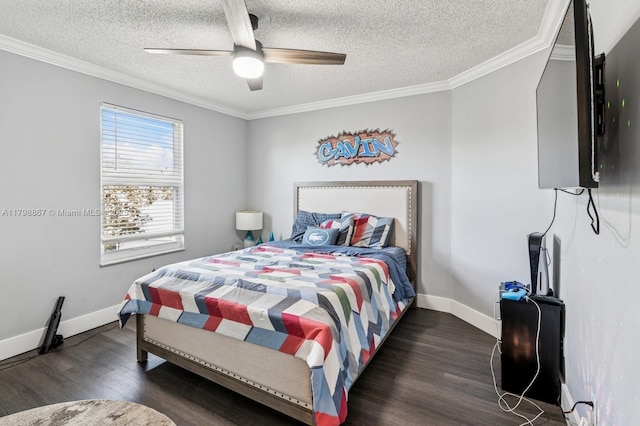 20701 NW 3rd Ct, Pembroke Pines, FL 33029 - bedroom featuring ornamental molding, wood finished floors, a textured ceiling, baseboards, and a ceiling fan