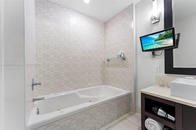 full bath with tile patterned floors, vanity, and a combined bath / shower with jetted tub