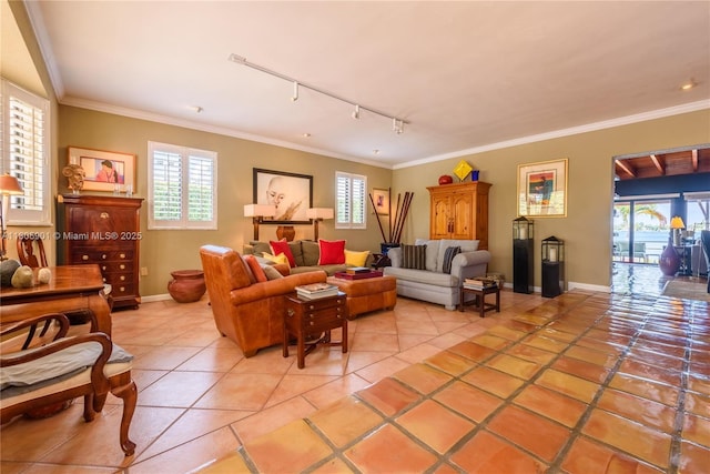 5020 SW 82nd Ave, Miami, FL 33155 - living area with light tile patterned floors, track lighting, plenty of natural light, and ornamental molding