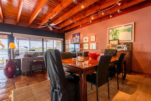5020 SW 82nd Ave, Miami, FL 33155 - dining area featuring a wooden ceiling with exposed beams, ceiling fan, and rail lighting