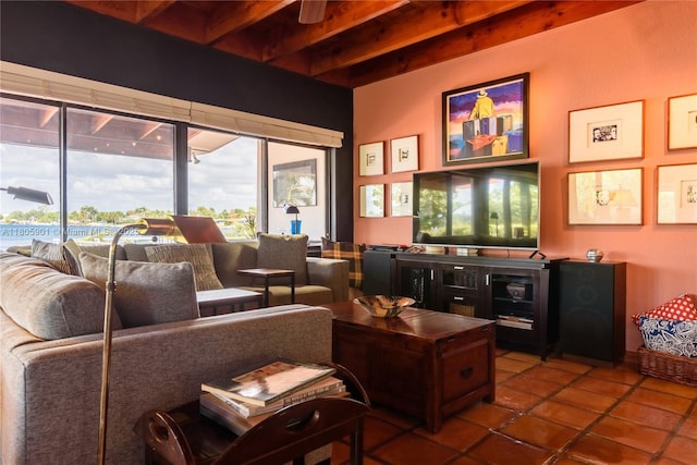 5020 SW 82nd Ave, Miami, FL 33155 - living area featuring beamed ceiling and tile patterned flooring