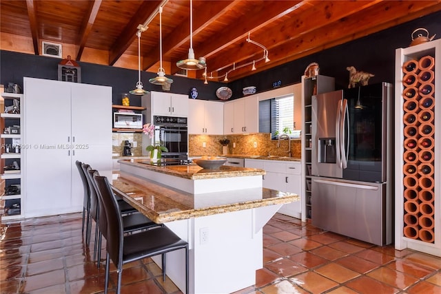 5020 SW 82nd Ave, Miami, FL 33155 - kitchen featuring black appliances, wood ceiling with exposed beams, open shelves, tasteful backsplash, and a kitchen island