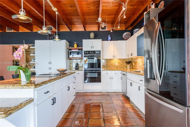 5020 SW 82nd Ave, Miami, FL 33155 - kitchen featuring stainless steel appliances, open shelves, wood ceiling with exposed beams, decorative backsplash, and track lighting