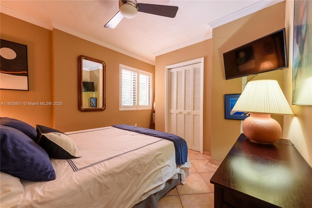 5020 SW 82nd Ave, Miami, FL 33155 - bedroom with ornamental molding, a closet, light tile patterned floors, and a ceiling fan