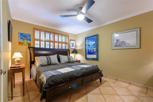 5020 SW 82nd Ave, Miami, FL 33155 - bedroom featuring light tile patterned flooring, crown molding, baseboards, and a ceiling fan
