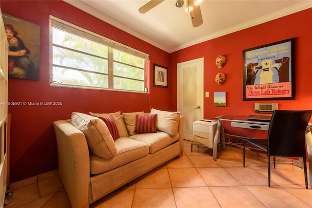 5020 SW 82nd Ave, Miami, FL 33155 - tiled living room with ceiling fan, ornamental molding, and an office area