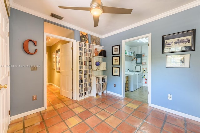 5020 SW 82nd Ave, Miami, FL 33155 - tiled empty room featuring independent washer and dryer, ornamental molding, electric panel, ceiling fan, and baseboards