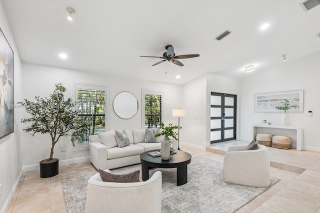 7935 SW 155th St, Palmetto Bay, FL 33157 - living room with a ceiling fan, light tile patterned floors, baseboards, recessed lighting, and french doors
