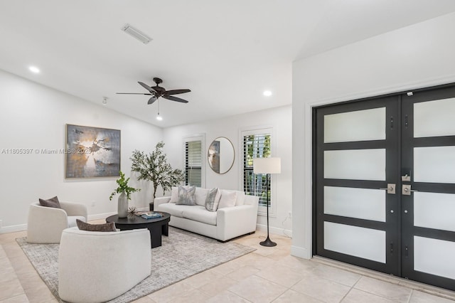 7935 SW 155th St, Palmetto Bay, FL 33157 - living room with a ceiling fan, recessed lighting, baseboards, light tile patterned flooring, and lofted ceiling