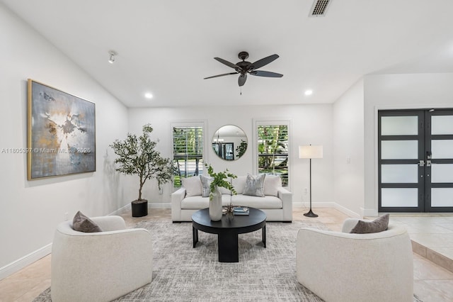 7935 SW 155th St, Palmetto Bay, FL 33157 - living area with ceiling fan, baseboards, recessed lighting, and french doors