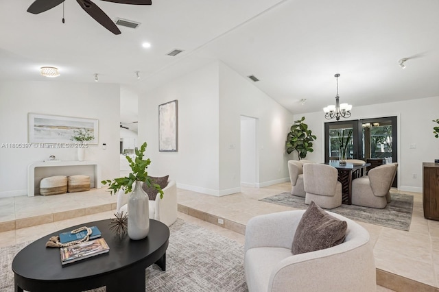 7935 SW 155th St, Palmetto Bay, FL 33157 - living room featuring lofted ceiling, a ceiling fan, a chandelier, light tile patterned flooring, and baseboards