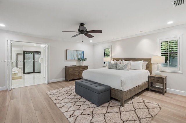 7935 SW 155th St, Palmetto Bay, FL 33157 - bedroom featuring light wood finished floors, crown molding, baseboards, recessed lighting, and connected bathroom