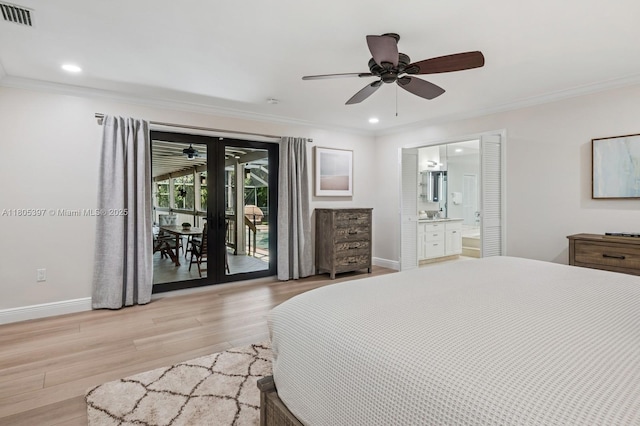 7935 SW 155th St, Palmetto Bay, FL 33157 - bedroom featuring access to exterior, baseboards, crown molding, light wood-type flooring, and ensuite bathroom