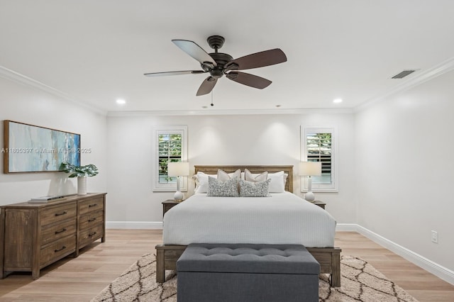 7935 SW 155th St, Palmetto Bay, FL 33157 - bedroom with multiple windows, light wood finished floors, ornamental molding, baseboards, and recessed lighting