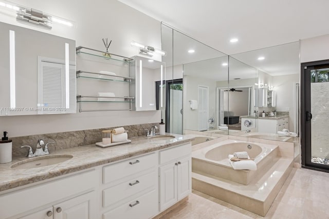 7935 SW 155th St, Palmetto Bay, FL 33157 - bathroom with a garden tub, double vanity, recessed lighting, a shower stall, and ceiling fan