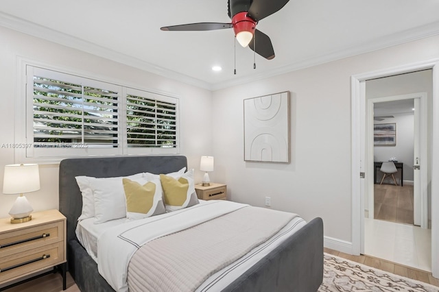 7935 SW 155th St, Palmetto Bay, FL 33157 - bedroom featuring wood finished floors, ornamental molding, baseboards, and a ceiling fan