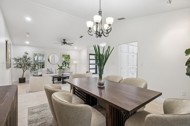 7935 SW 155th St, Palmetto Bay, FL 33157 - dining space with a ceiling fan, a chandelier, recessed lighting, baseboards, and light tile patterned floors