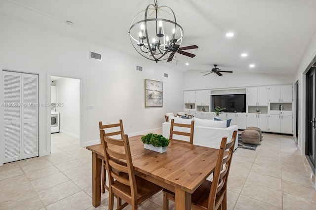 7935 SW 155th St, Palmetto Bay, FL 33157 - dining area featuring light tile patterned flooring, vaulted ceiling, a chandelier, recessed lighting, and ceiling fan
