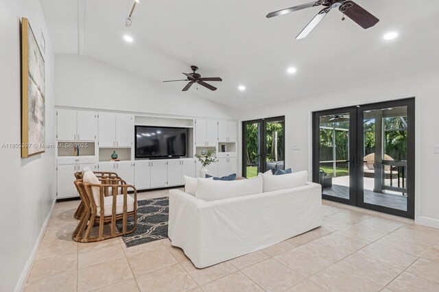 7935 SW 155th St, Palmetto Bay, FL 33157 - living area with french doors, ceiling fan, lofted ceiling, recessed lighting, and light tile patterned flooring