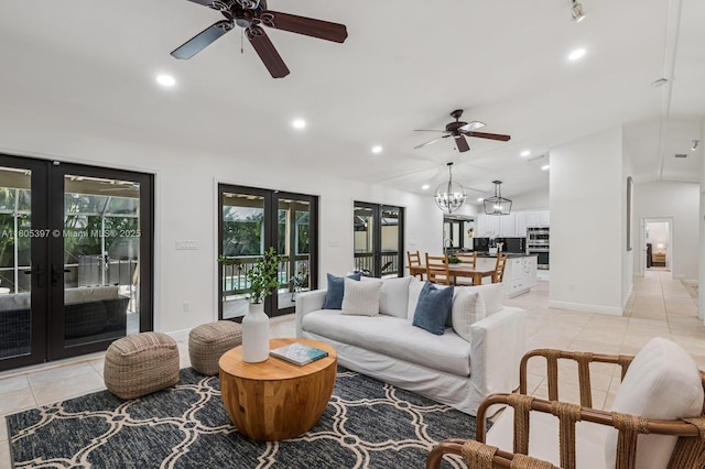 7935 SW 155th St, Palmetto Bay, FL 33157 - living area featuring french doors, ceiling fan, light tile patterned floors, recessed lighting, and lofted ceiling