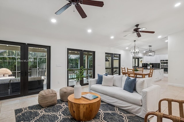 7935 SW 155th St, Palmetto Bay, FL 33157 - living room featuring french doors, ceiling fan, light tile patterned floors, recessed lighting, and vaulted ceiling