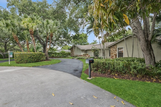 7935 SW 155th St, Palmetto Bay, FL 33157 - view of front facade with stucco siding, asphalt driveway, stone siding, and a front lawn