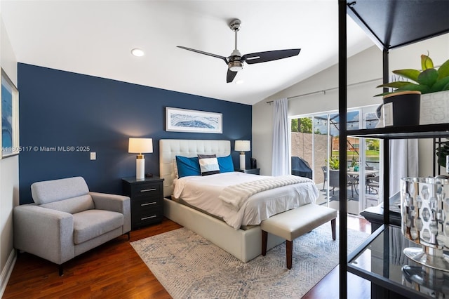 921 SW 176th Ave, Pembroke Pines, FL 33029 - bedroom featuring vaulted ceiling, dark wood-style flooring, recessed lighting, access to outside, and ceiling fan