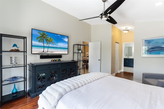 921 SW 176th Ave, Pembroke Pines, FL 33029 - bedroom with dark wood-style flooring, baseboards, ensuite bath, and ceiling fan
