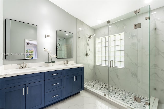921 SW 176th Ave, Pembroke Pines, FL 33029 - full bathroom with marble finish flooring, a marble finish shower, double vanity, and recessed lighting