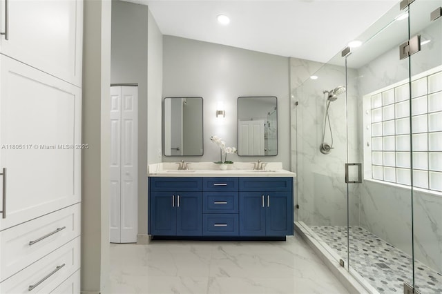 921 SW 176th Ave, Pembroke Pines, FL 33029 - full bath featuring marble look tiles, a marble finish shower, double vanity, and recessed lighting