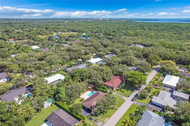 aerial view of residential area featuring a heavily wooded area and a large body of water