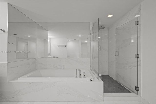 400 Sunny Isles Blvd Unit 1005, Sunny Isles Beach, FL 33160 - bathroom featuring a marble finish shower, a garden tub, and recessed lighting