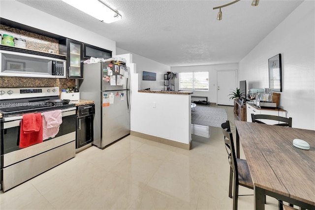 kitchen with stainless steel appliances, a textured ceiling, backsplash, glass insert cabinets, and dark cabinets