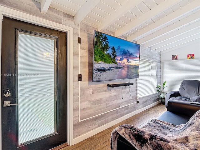 280 NW 45th St, Miami, FL 33127 - living room featuring baseboards, wood finished floors, wooden walls, and wooden ceiling