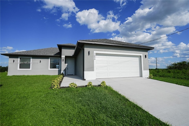 7006 Chain Ct, La Belle, FL 33935 - view of front of home featuring stucco siding, driveway, a front yard, and an attached garage
