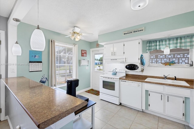 330 Lasayette Dr NE, Port Charlotte, FL 33952 - kitchen featuring a sink, white appliances, ceiling fan, range hood, and dark countertops