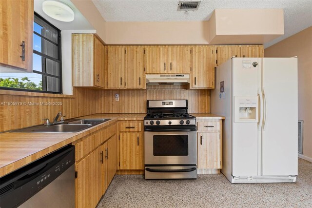 4295 SW 97th Ct, Miami, FL 33165 - kitchen with appliances with stainless steel finishes, under cabinet range hood, a sink, light countertops, and a textured ceiling