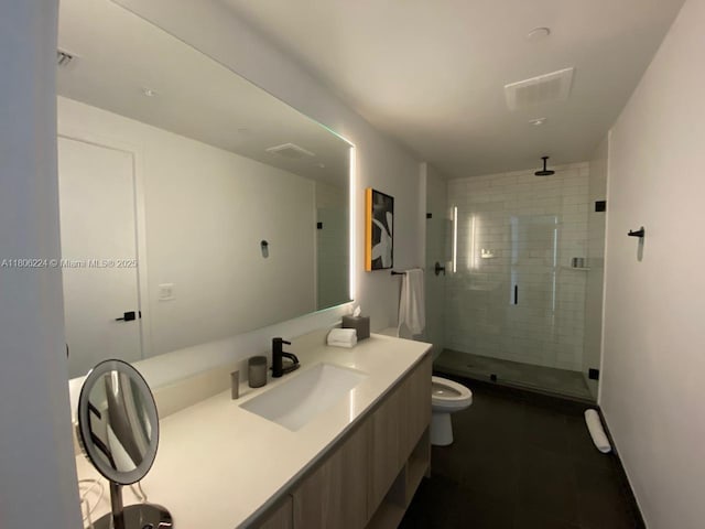 398 NE 5th St Unit 1619, Miami, FL 33132 - bathroom with a stall shower, tile patterned flooring, toilet, and vanity
