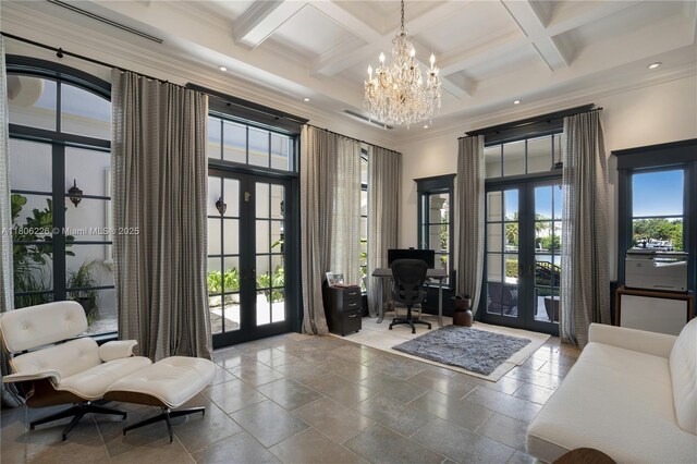 9320 Gallardo St, Coral Gables, FL 33156 - office with french doors, a chandelier, coffered ceiling, beamed ceiling, and ornamental molding