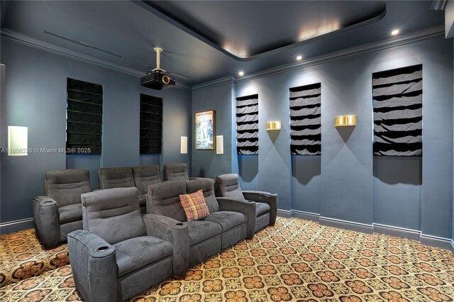 9320 Gallardo St, Coral Gables, FL 33156 - home theater with crown molding, a raised ceiling, baseboards, and recessed lighting