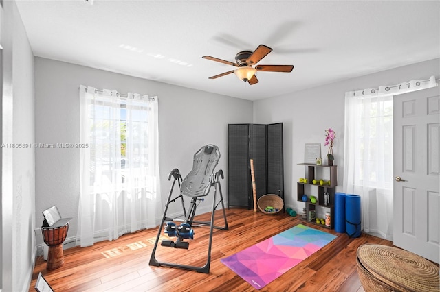 1282 Grant Ct, Hollywood, FL 33019 - exercise area with wood finished floors, a ceiling fan, and baseboards