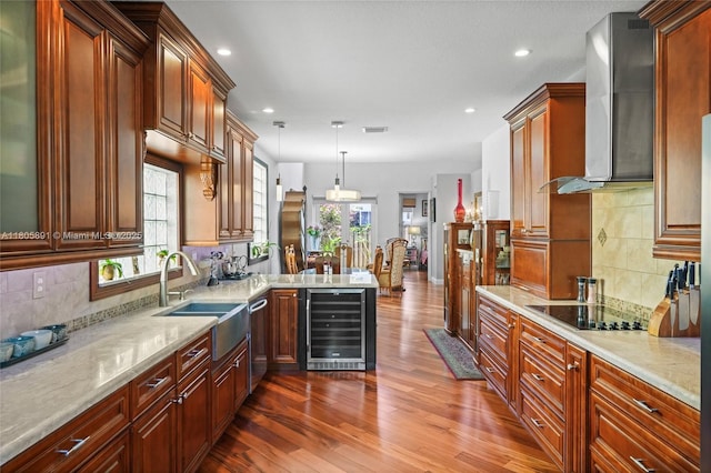 1282 Grant Ct, Hollywood, FL 33019 - kitchen featuring beverage cooler, a sink, black electric stovetop, wall chimney range hood, and dark wood-style floors