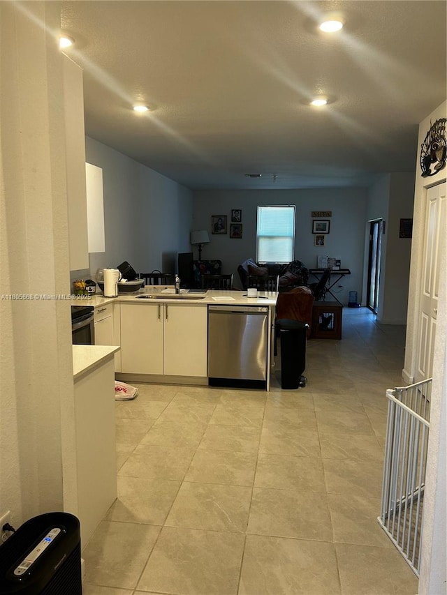 12956 SW 286th Ter, Homestead, FL 33033 - kitchen featuring dishwasher, light countertops, a sink, white cabinets, and light tile patterned floors