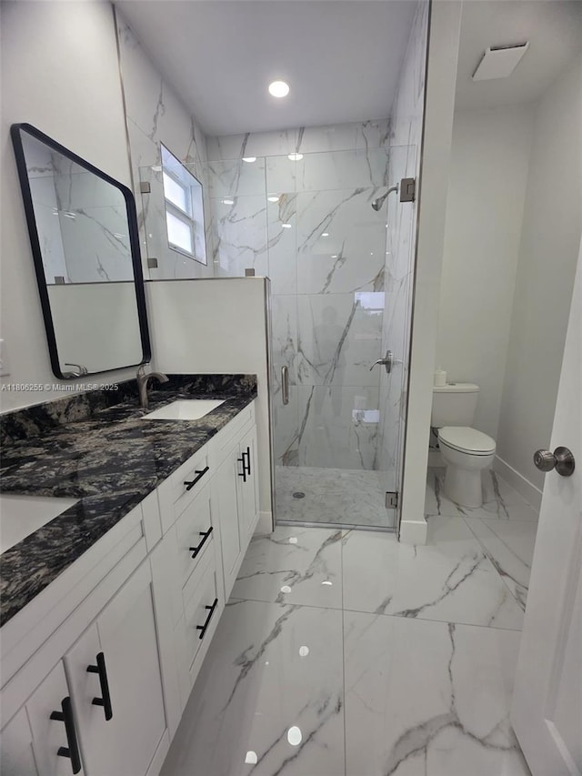 1145 SW Antonio St E, Lehigh Acres, FL 33974 - bathroom with marble look tile flooring, a marble finish shower, double vanity, and recessed lighting