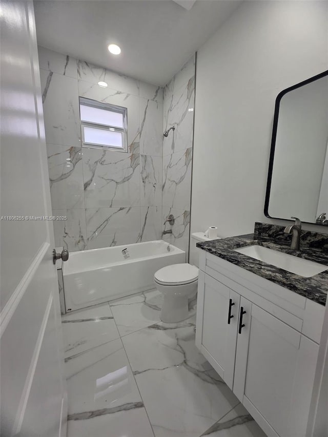 1145 SW Antonio St E, Lehigh Acres, FL 33974 - bathroom featuring vanity, shower / tub combination, marble finish floors, and recessed lighting