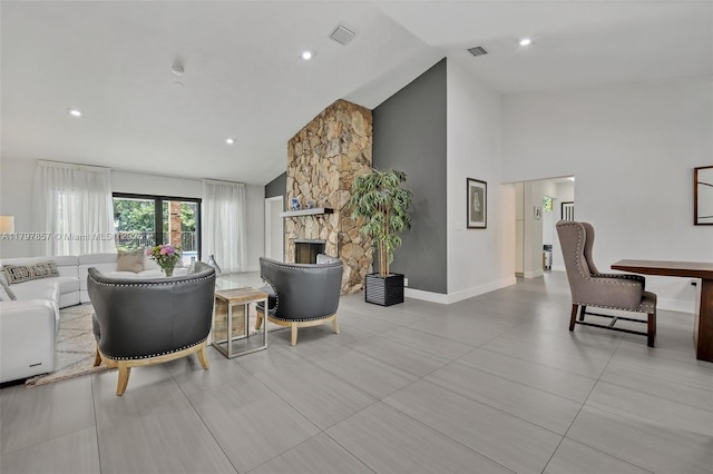 11850 SW 42nd Ct, Davie, FL 33330 - living room featuring high vaulted ceiling, a fireplace, baseboards, and recessed lighting
