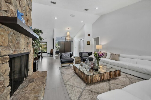 11850 SW 42nd Ct, Davie, FL 33330 - living area with high vaulted ceiling and a fireplace